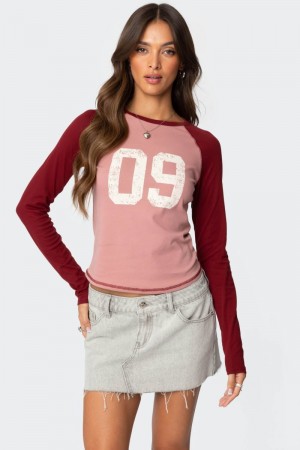 Edikted 09 Raglan Long Sleeve T Shirt Graphic Tops Pink | USA OX145204D2