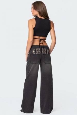 Edikted 1980 Leopard Patch Low Rise Jeans Black Washed | USA XE267966K2