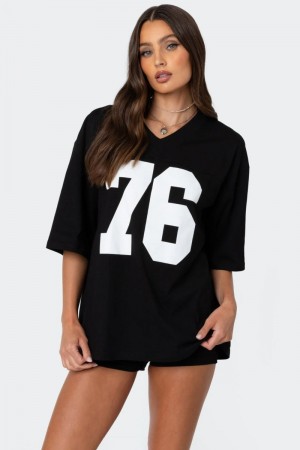 Edikted 76 Oversized T-Shirt Graphic Tops Black | USA QU597769B4