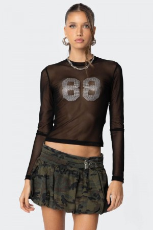 Edikted 88 Rhinestone Sheer Mesh Graphic Tops Black | USA YR032393I5