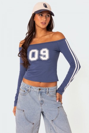 Edikted 90'S Off Shoulder Long Sleeve T Shirt Graphic Tops Blue | USA CQ711001R7