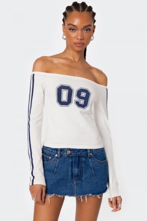 Edikted 90'S Off Shoulder Long Sleeve T Shirt Graphic Tops Blue | USA PC705390B6