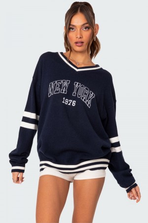 Edikted 90S In New York Oversized Sweater Navy | USA RP467476G4