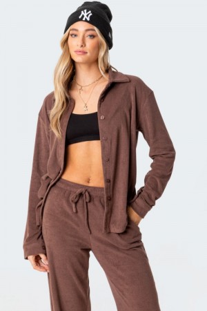 Edikted Abby Terry Shirt Long Sleeve Tops Brown | USA NC688618V5