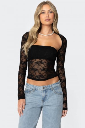 Edikted Addison Sheer Lace Two Piece Long Sleeve Tops Black | USA OH798099W1