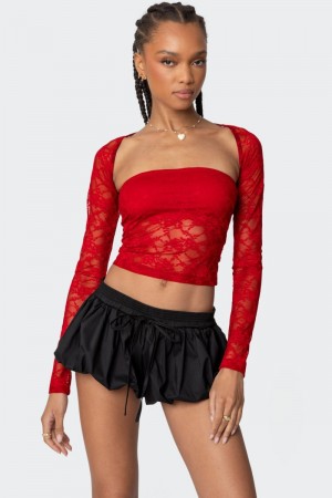 Edikted Addison Sheer Lace Two Piece Long Sleeve Tops Black | USA LF693979K2