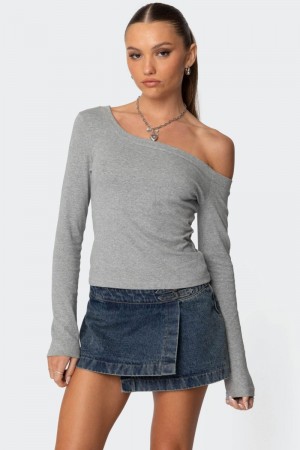 Edikted Adelaine Asymmetric Long Sleeve Tops Gray Melange | USA EZ918771L9