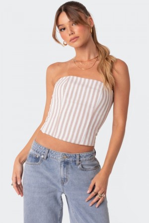 Edikted Adeline Lace Up Corset Strapless Tops Beige | USA TY914741Q6