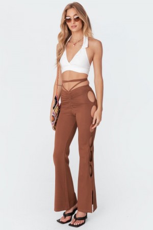 Edikted Adina Cut-Out Flared Pants Brown | USA HW366196Z7