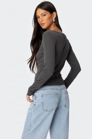 Edikted Adrienne Lace Trim Long Sleeve Tops Dark Gray | USA EZ373917M5