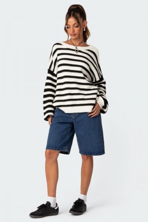 Edikted Aerin Oversized Sweater Long Sleeve Tops Black And White | USA HB583838Y2