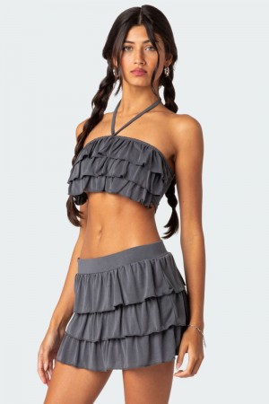 Edikted Aimee Ruffle Crop Tops Gray | USA JA138613B0