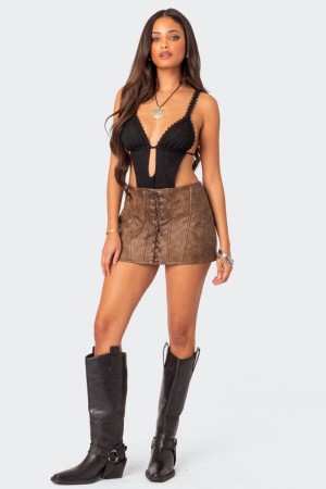 Edikted Ainsley Lace Up Faux Leather Mini Skirts Brown Washed | USA LP270817N8
