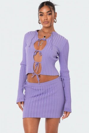 Edikted Alaia Knitted Tie Up Long Sleeve Tops Purple | USA HO377547N8