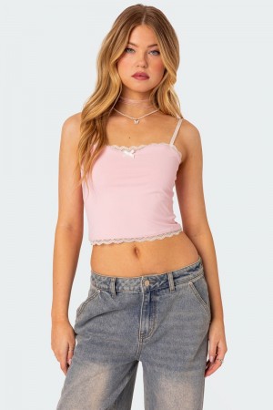 Edikted Alara Lace Trim Tank Crop Tops Navy | USA NO219311Q3