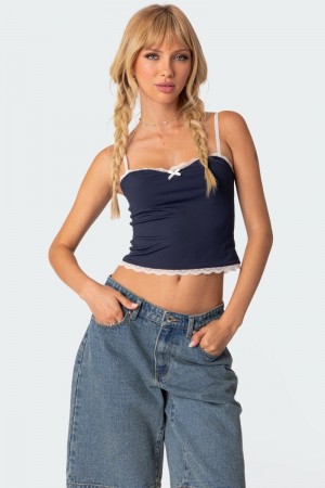 Edikted Alara Lace Trim Tank Crop Tops Navy | USA OX033873Z8