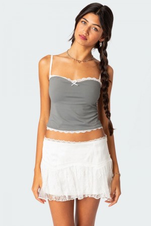 Edikted Alara Lace Trim Tank Crop Tops Navy | USA KX269986K5