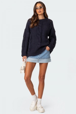 Edikted Alene Oversized Cable Knit Sweater Long Sleeve Tops Navy | USA PG069316E5