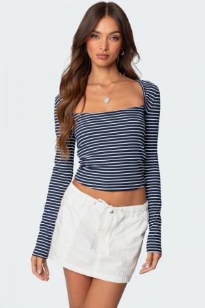 Edikted Alex Striped Long Sleeve Tops Navy And White | USA KI828132M0