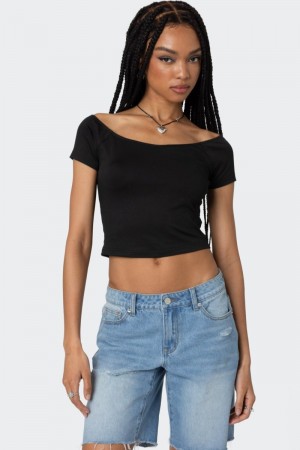 Edikted Alexandera Boat Neck T Shirt Crop Tops Black | USA US549774Y9