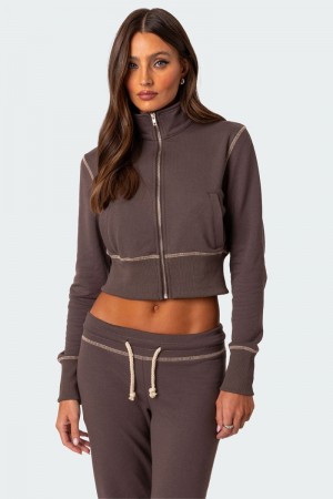 Edikted Alexia Zip Up Sweatshirts Brown | USA WK002660T0