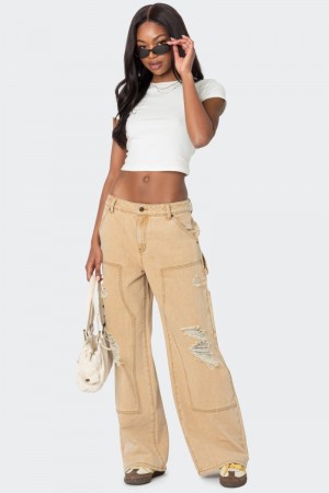 Edikted Alibi Distressed Carpenter Jeans Beige | USA US622952U3