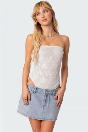 Edikted Alina Sheer Lace Bodysuit Strapless Tops Black | USA NQ853235K7