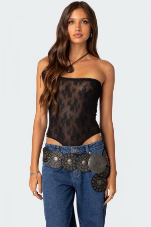 Edikted Alina Sheer Lace Bodysuit Strapless Tops Black | USA GW878177S1