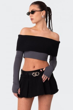 Edikted Alma Off Shoulder Half Knit Long Sleeve Tops Gray | USA BV577927D2