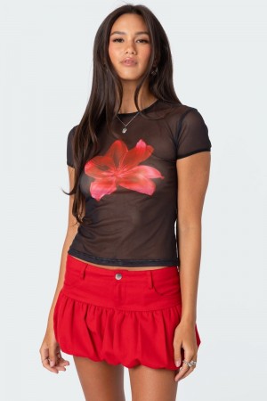 Edikted Aloha Sheer Mesh T Shirt Graphic Tops Black | USA UR211011Q1