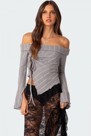 Edikted Alona Asymmetric Fold Over Knit Long Sleeve Tops Gray | USA KJ412551U3