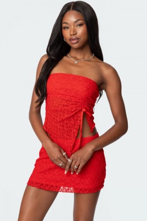 Edikted Amara Asymmetric Textured Lace Tube Strapless Tops Red | USA NO636113G7
