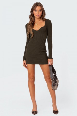 Edikted Amber Knit Mini Dress Olive | USA DM604850L3