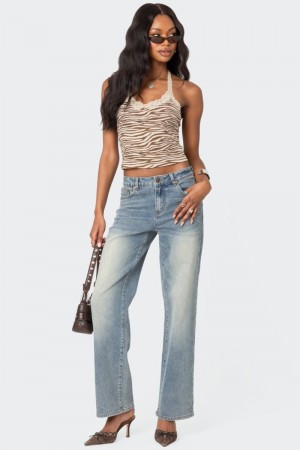 Edikted Amia High Rise Straight Leg Jeans Blue Washed | USA SR097899K6
