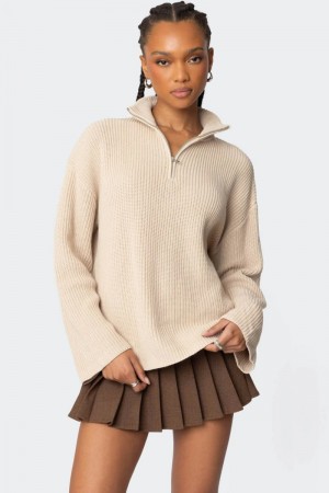 Edikted Amour High Neck Oversized Zip Sweater Beige | USA XS054445A6