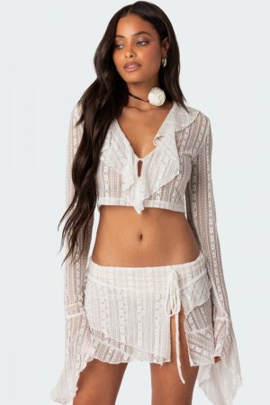 Edikted Anastasia Sheer Lace Crop Tops White | USA HL552025G3