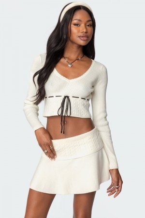 Edikted Andie Ribbon Knit Crop Tops Cream | USA MZ127732L0