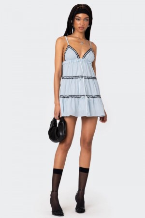 Edikted Angelica Tiered Ribbon Mini Dress Light Blue | USA VD995169K9