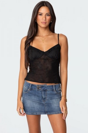 Edikted Angelina Sheer Lace Tank Top Black | USA GI550495O3