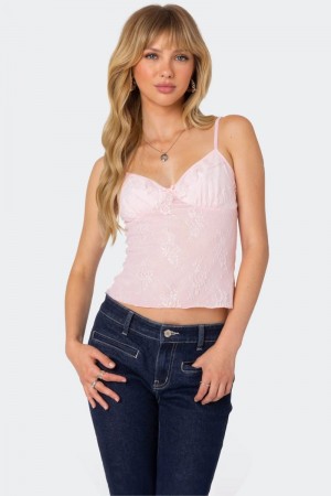 Edikted Angelina Sheer Lace Tank Top Black | USA BQ393579W7