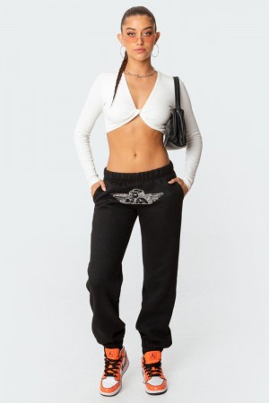 Edikted Angie Rhinestone Sweatpants Pants Black | USA PN578217D6