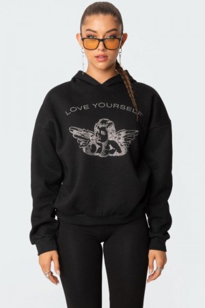 Edikted Angie Rhinstone Hoodie Black | USA OE152475A7