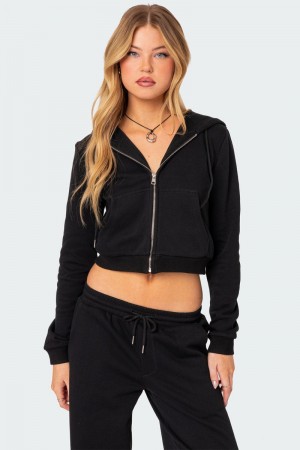 Edikted Annalise Zip Front Hoodie Long Sleeve Tops Black | USA EZ743604X2