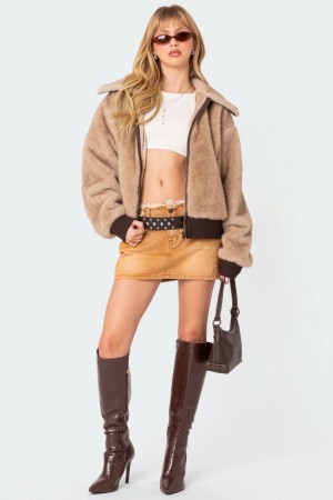Edikted Ariah Distressed Hem Washed Denim Mini Skirts Camel | USA NI322802S5