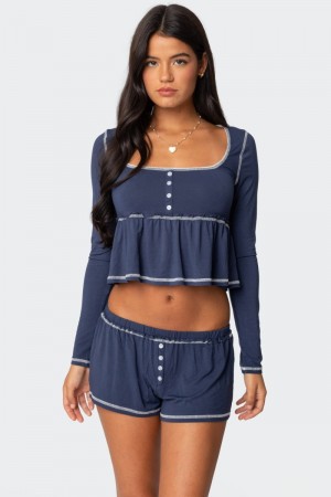 Edikted Arianne Contrast Babydoll Long Sleeve Tops Navy | USA NP226102Y3