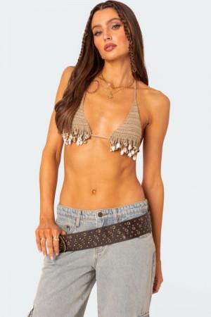 Edikted Aruba Beaded Crochet Bra Crop Tops Beige | USA IR852245H8