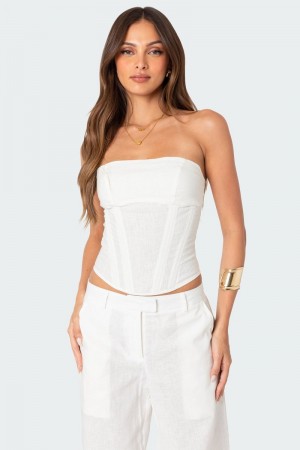 Edikted Arya Linen Look Corset Strapless Tops Cream | USA HO917791N3