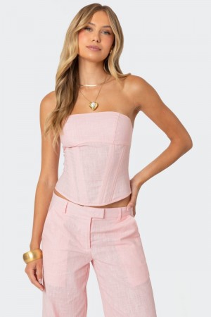 Edikted Arya Linen Look Corset Strapless Tops Cream | USA PF163636W9