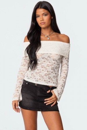 Edikted Ashley Off Shoulder Sheer Lace Long Sleeve Tops Cream | USA BX078947R4