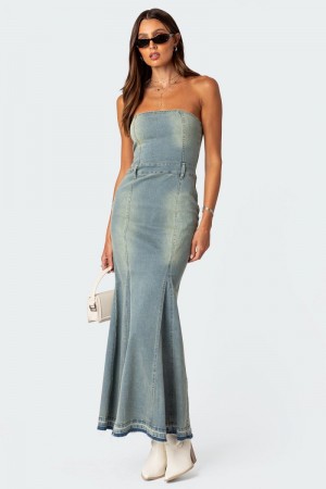 Edikted Astoria Slitted Denim Maxi Dress Maxi Dress Blue Washed | USA TF898029P1